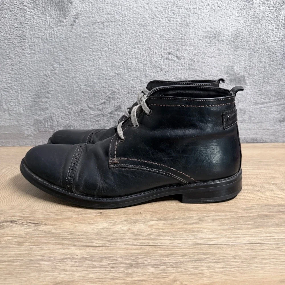 Johnston & Murphy Boots‎ Mens 11.5 Black Leather Lace Up Cap Toe Brogue Detail